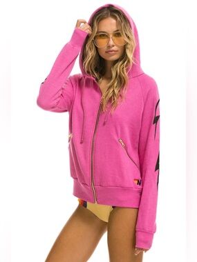 Aviator Nation 4 BOLT RELAXED ZIP HOODIE POCKETS PARIS Pink Lightning Zip Jacket